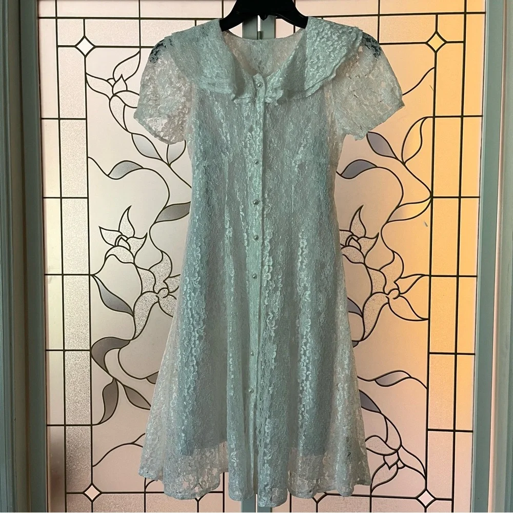 Vintage 90s SWAT Girls Elegant White Lace Button Up Dress, Size 8